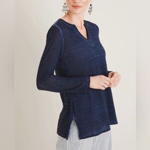 Chico's Navy Blue 100% Linen Knit Split Neck Long Sleeve Tunic Top  Sz 12/L NWT